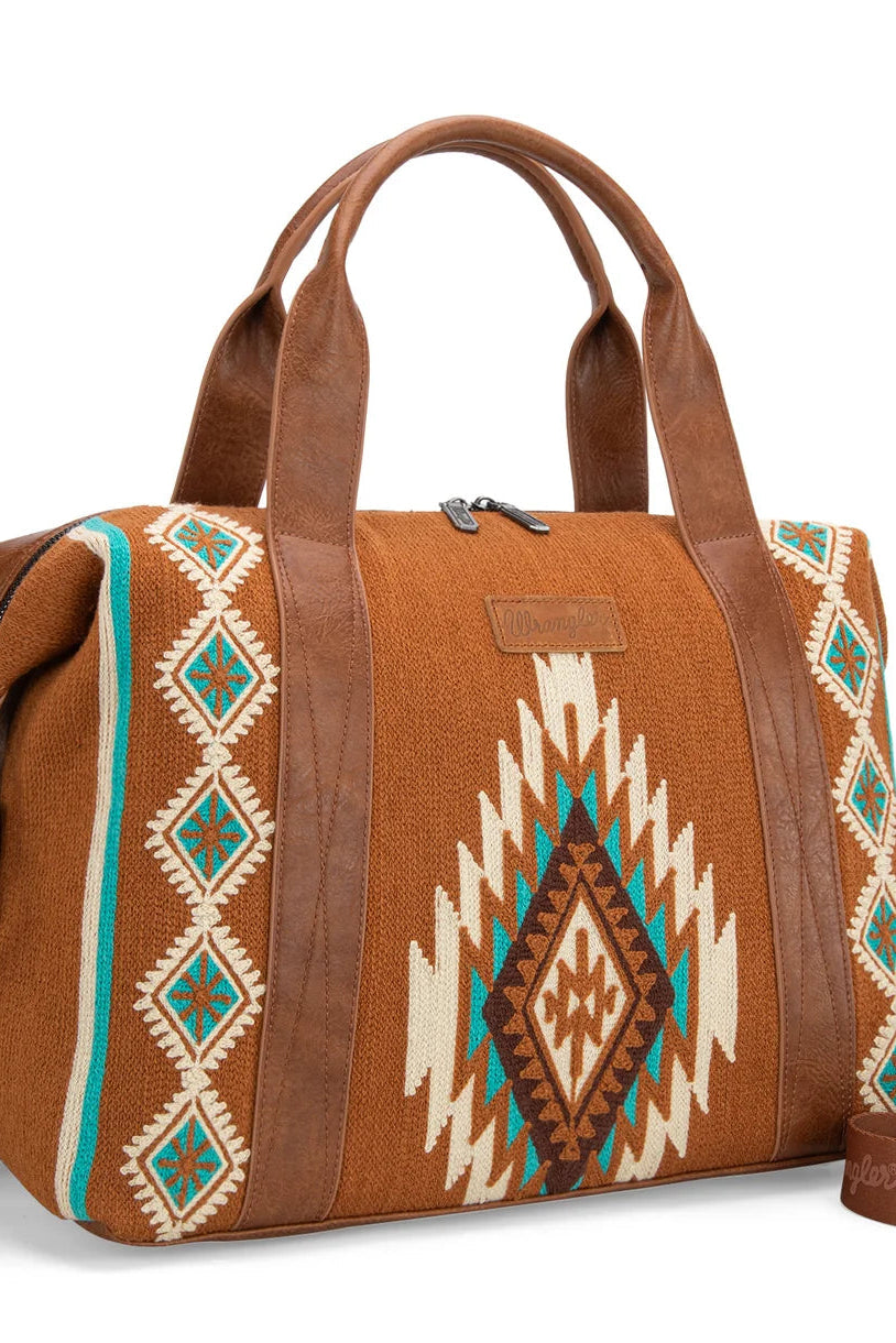 Trestles Clothing Company Southwestern weekender bag featuring brown faux leather and Aztec tapestry fabric